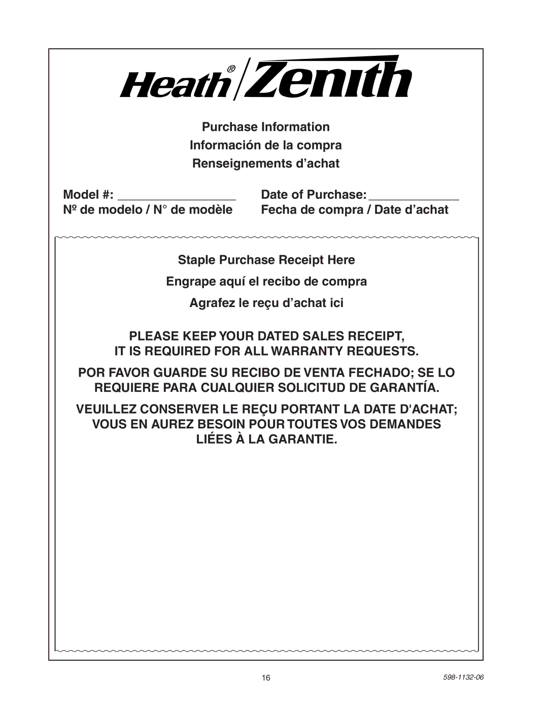 Heath Zenith 5630 manual Date of Purchase 