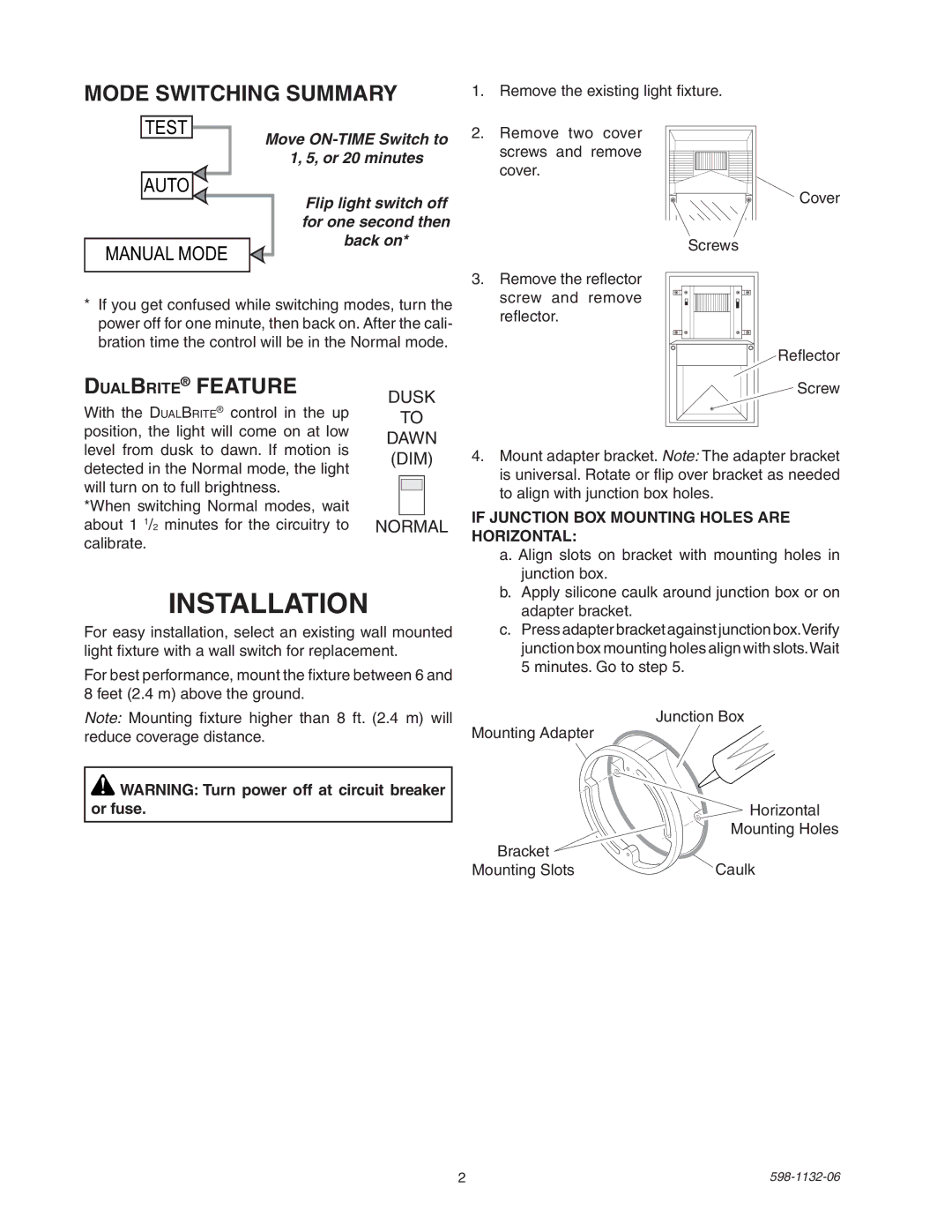 Heath Zenith 5630 manual Installation, Mode Switching Summary, DualBrite Feature 