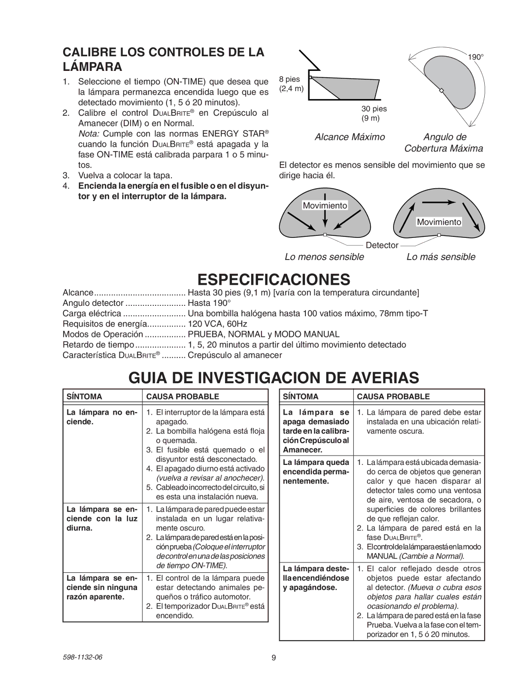 Heath Zenith 5630 manual Especificaciones, Guia DE Investigacion DE Averias, Calibre Los Controles De La Lámpara 