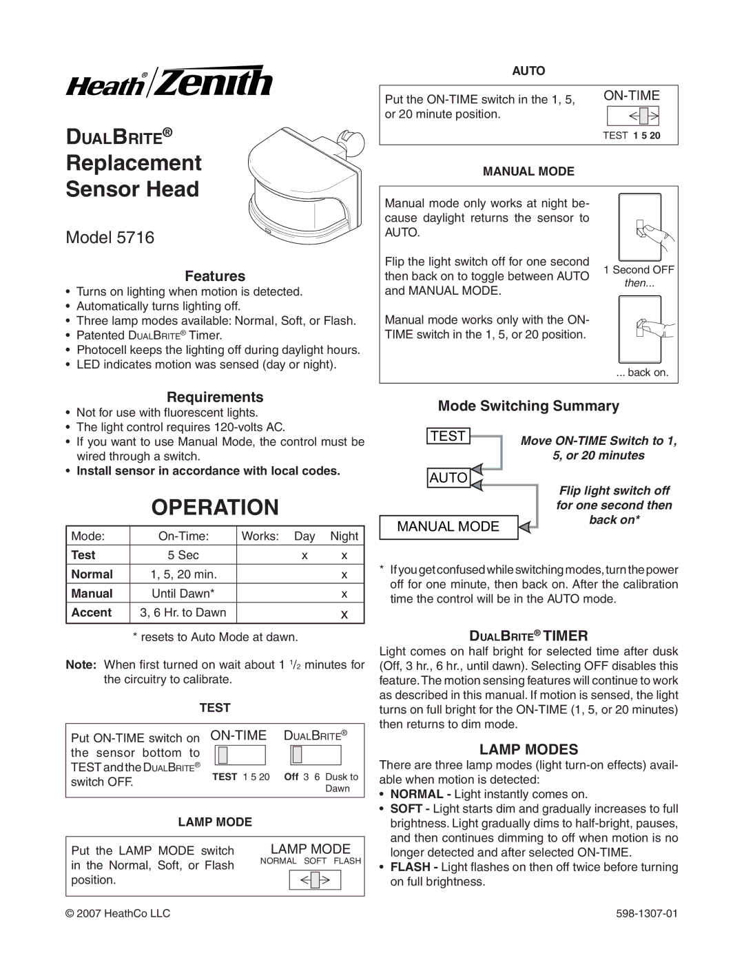 Heath Zenith 5716 manual Operation, Lamp Modes 