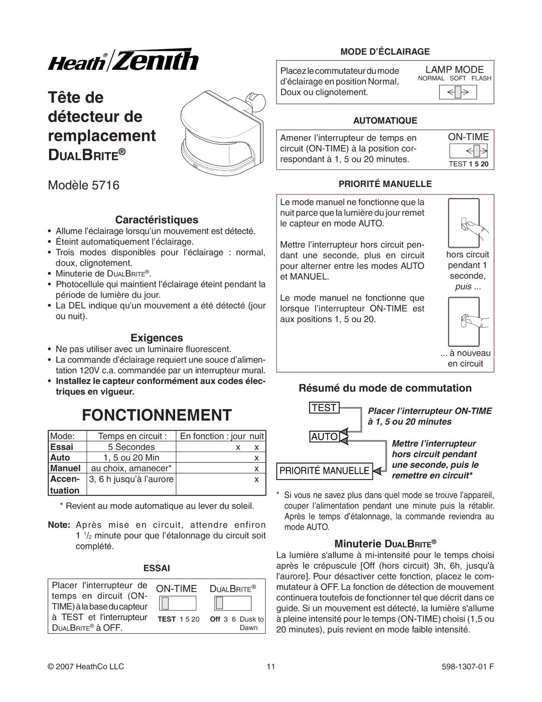 Heath Zenith 5716 manual Fonctionnement 