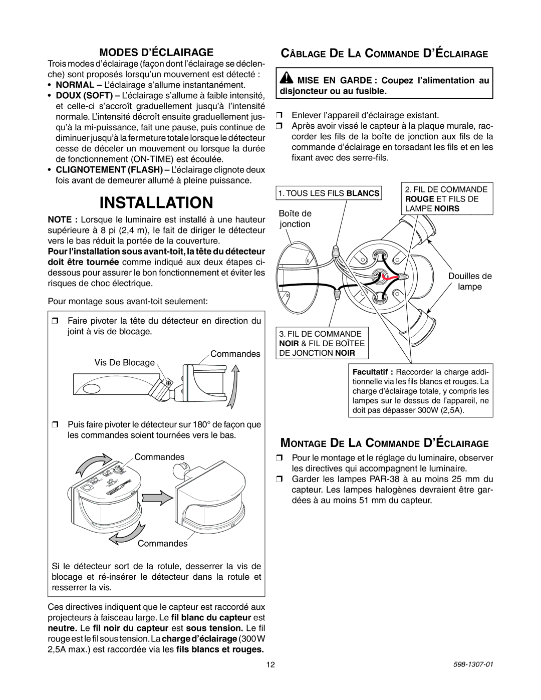 Heath Zenith 5716 manual Modes D’ÉCLAIRAGE, Montage De La Commande D’Éclairage 