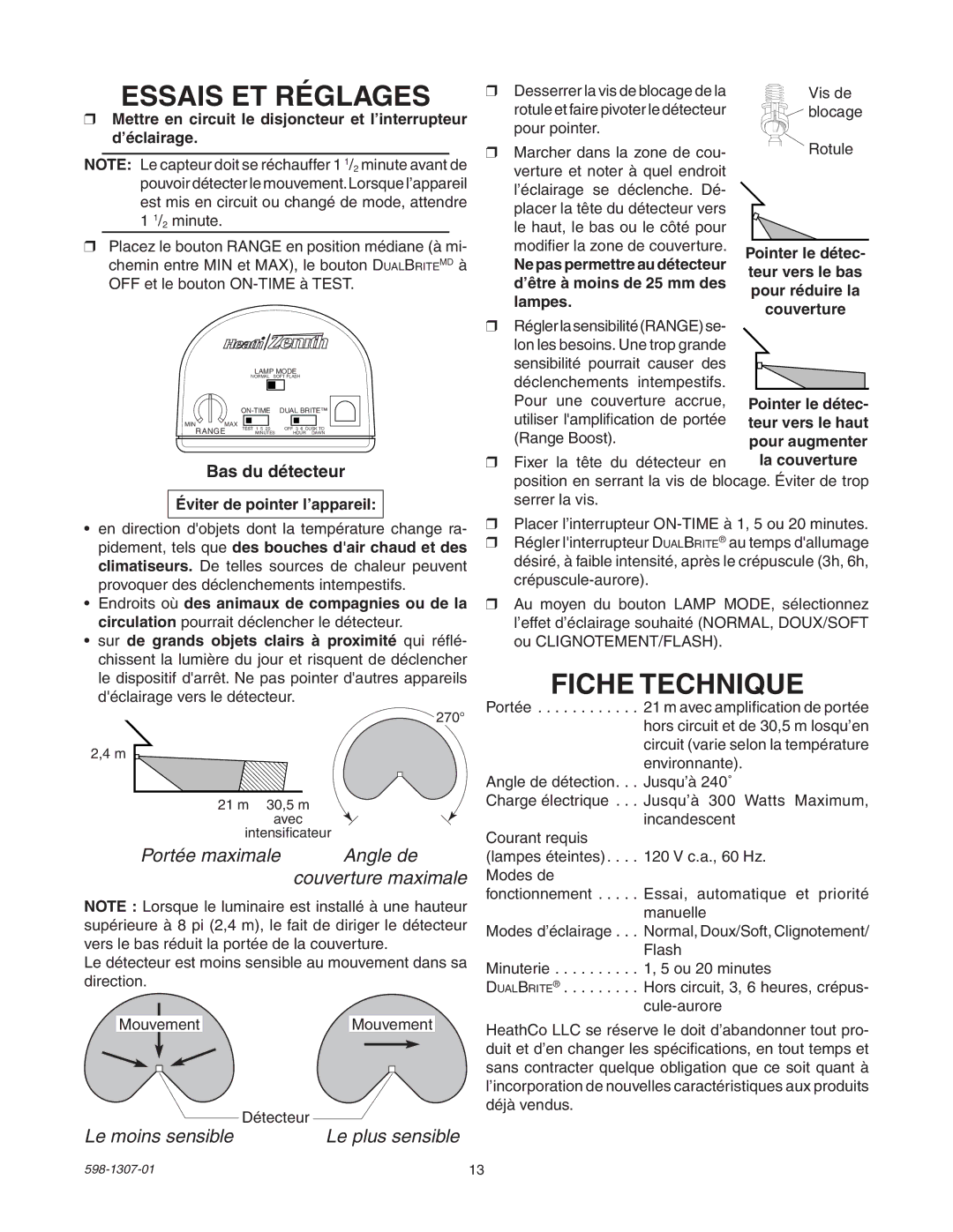 Heath Zenith 5716 manual Essais ET Réglages, Fiche Technique, Éviter de pointer l’appareil 