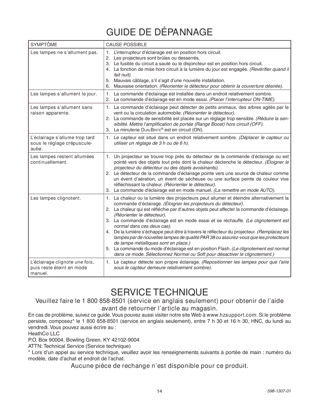 Heath Zenith 5716 manual Guide DE Dépannage, Service Technique 