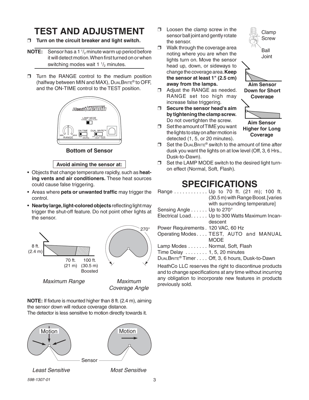 Heath Zenith 5716 manual Test and Adjustment, Specifications 