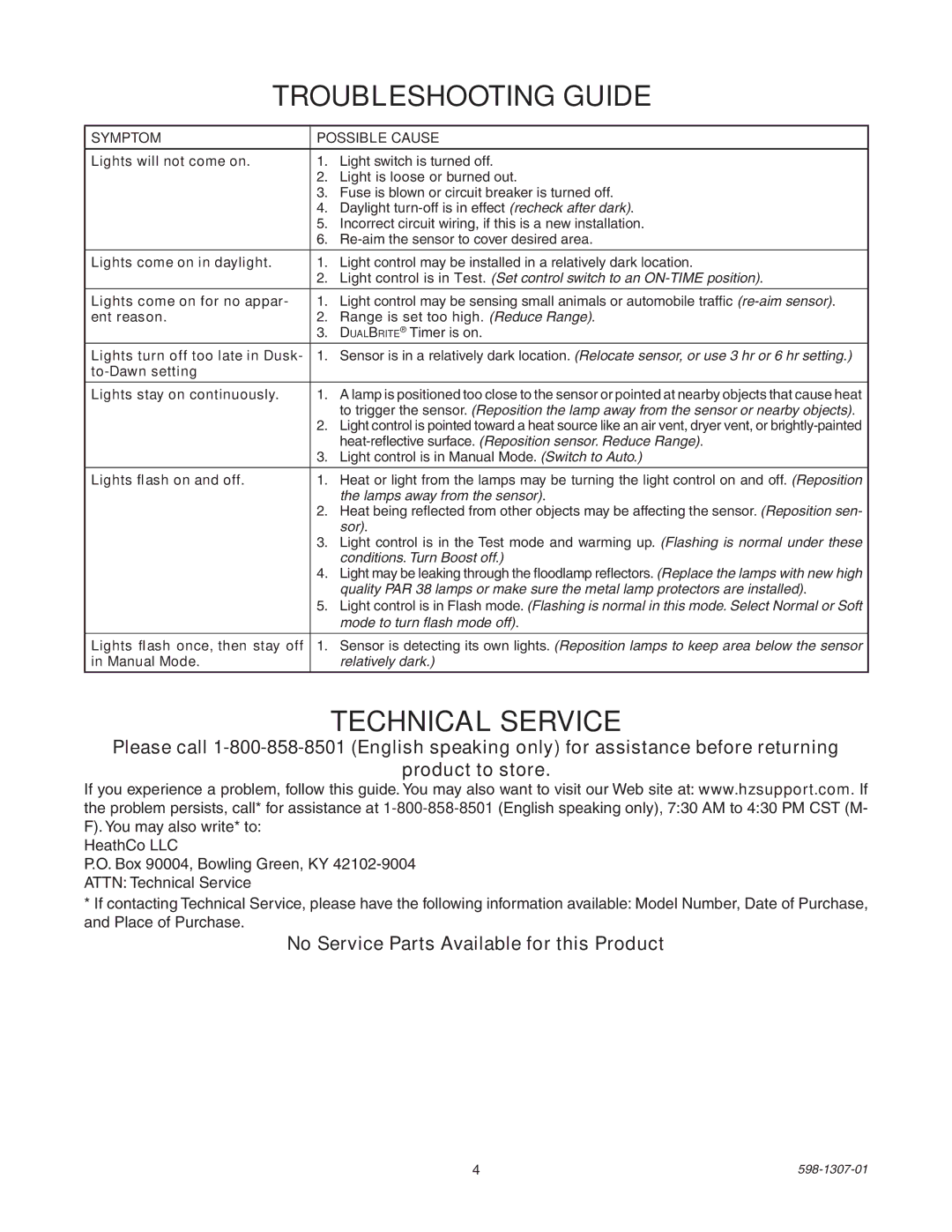 Heath Zenith 5716 manual Troubleshooting Guide 