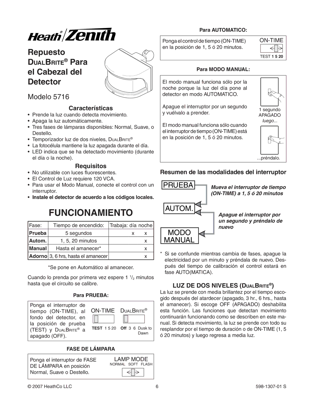 Heath Zenith 5716 manual Funcionamiento 