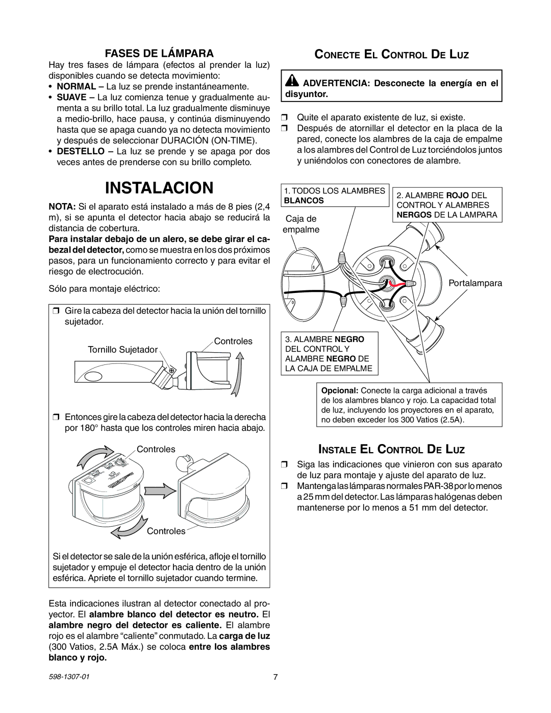 Heath Zenith 5716 manual Instalacion, Fases DE Lámpara, Instale El Control De Luz 