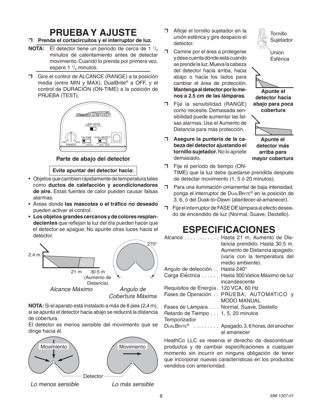 Heath Zenith 5716 manual Prueba Y Ajuste, Especificaciones 