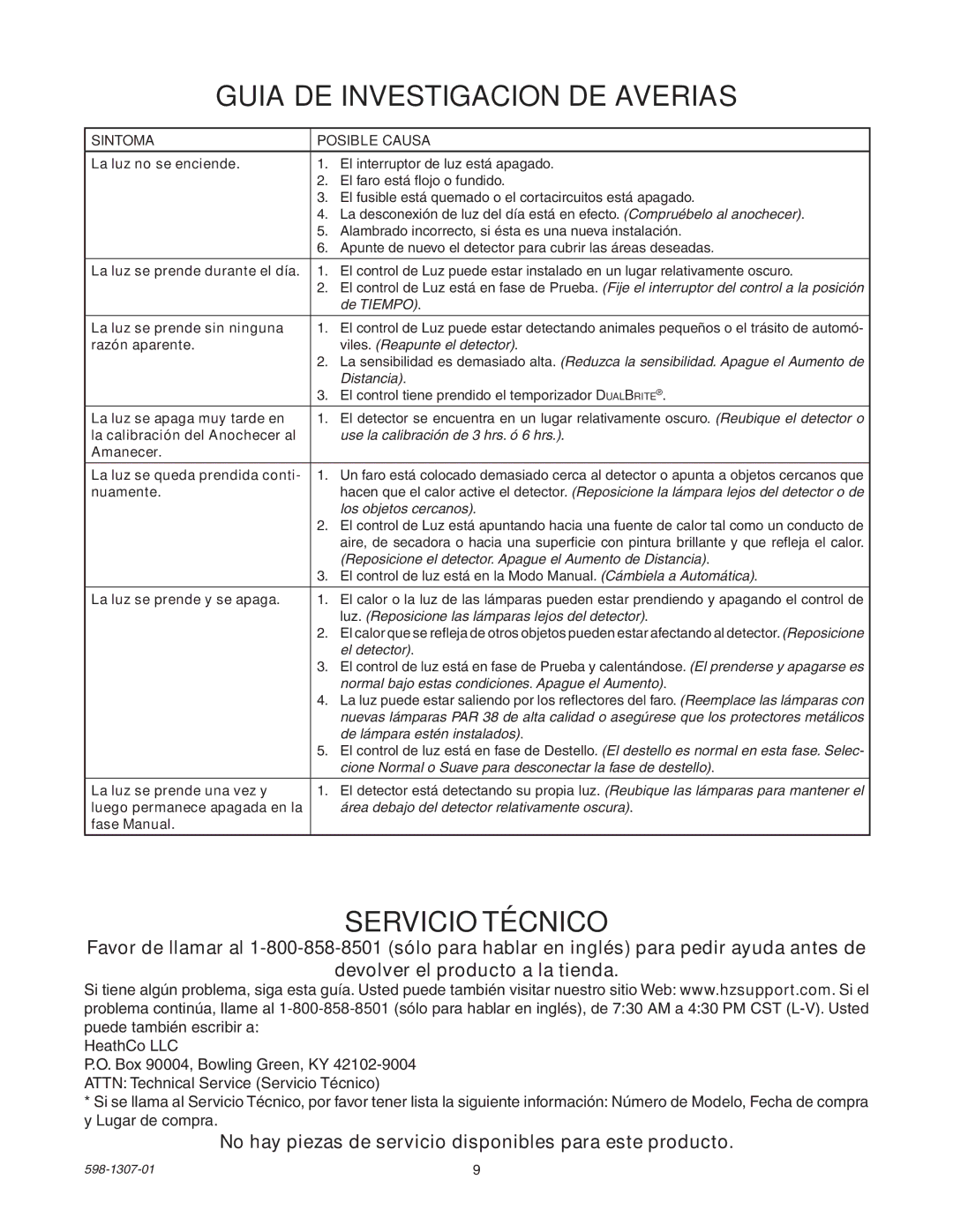 Heath Zenith 5716 manual Guia DE Investigacion DE Averias, Servicio Técnico 