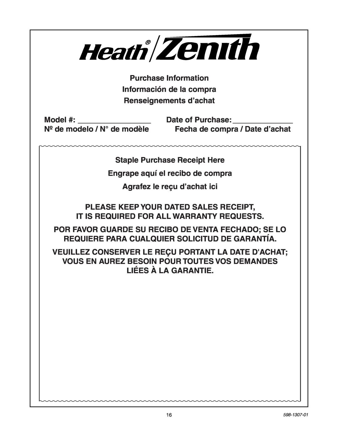 Heath Zenith 5716 manual Purchase Information Información de la compra 