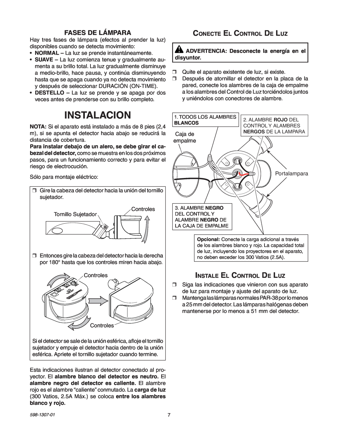 Heath Zenith 5716 manual Instalacion, Fases De Lámpara, Conecte El Control De Luz, Instale El Control De Luz 