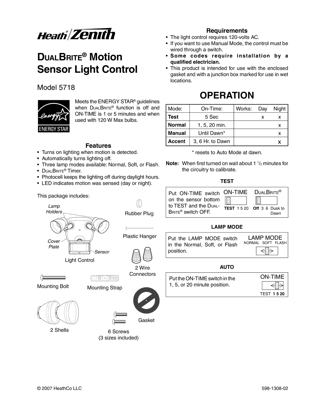 Heath Zenith 5718 manual Operation, Features, Requirements 