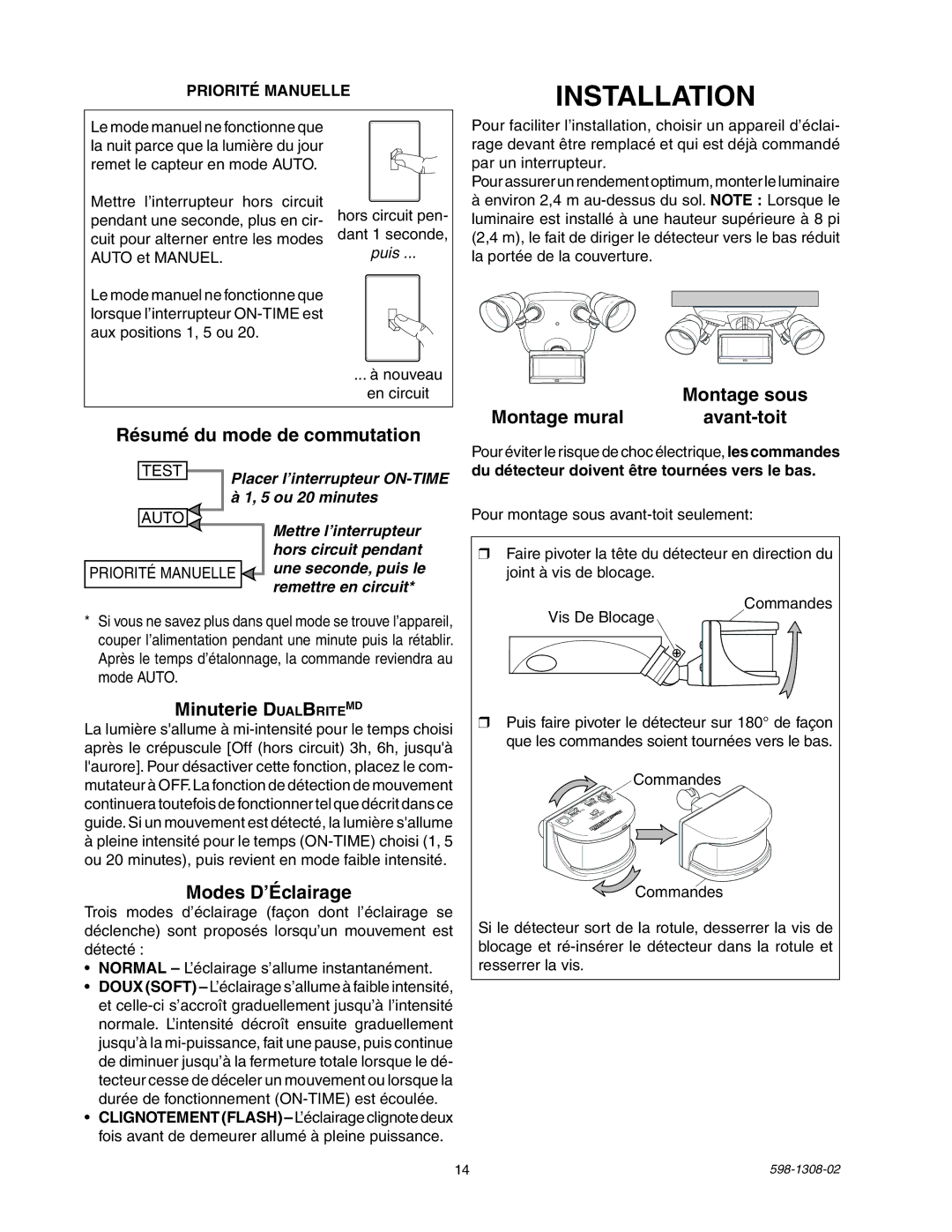 Heath Zenith 5718 manual Installation, Résumé du mode de commutation, Montage mural Avant-toit, Minuterie DualBriteMD 