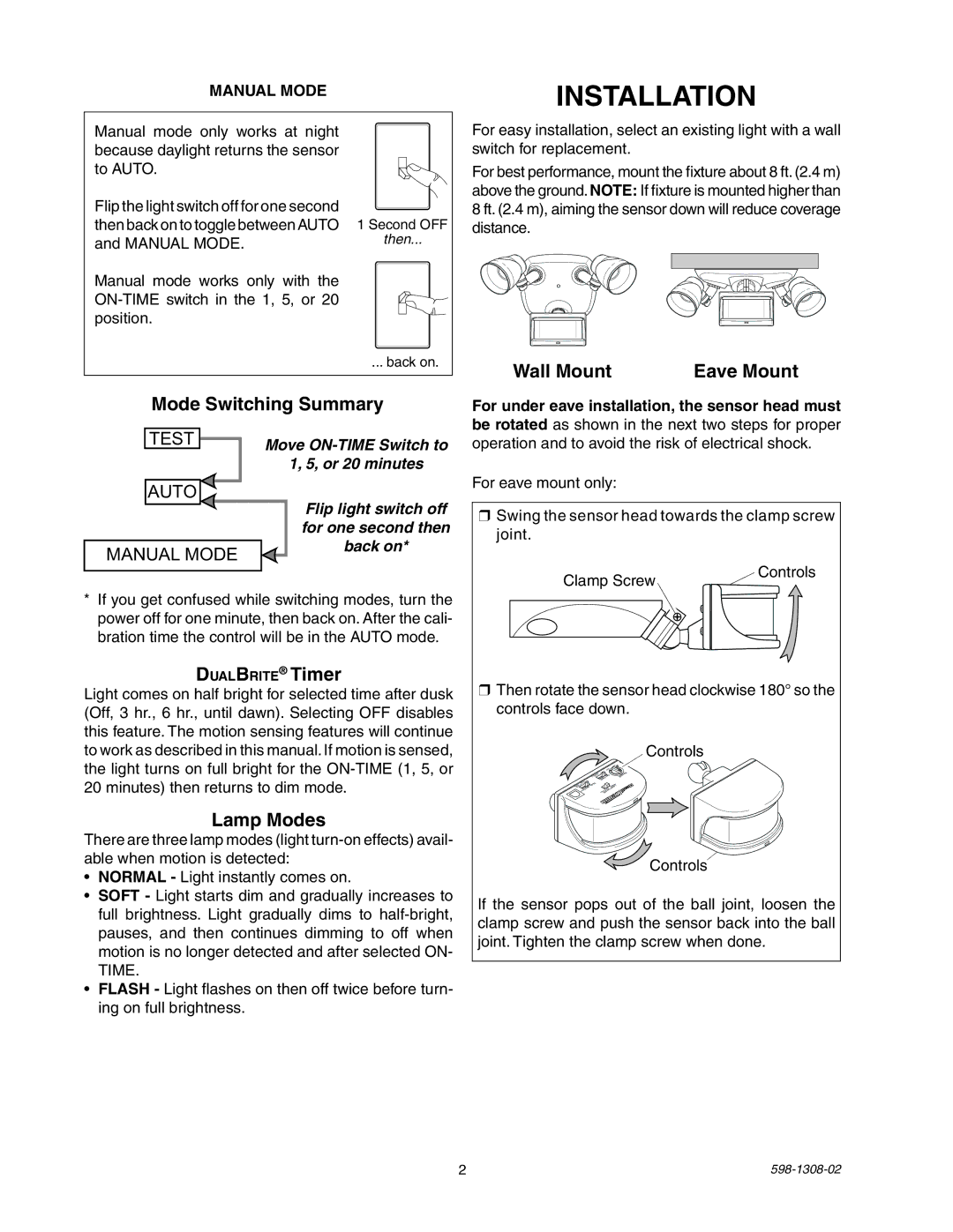 Heath Zenith 5718 manual DualBrite Timer, Lamp Modes, Wall Mount Eave Mount 