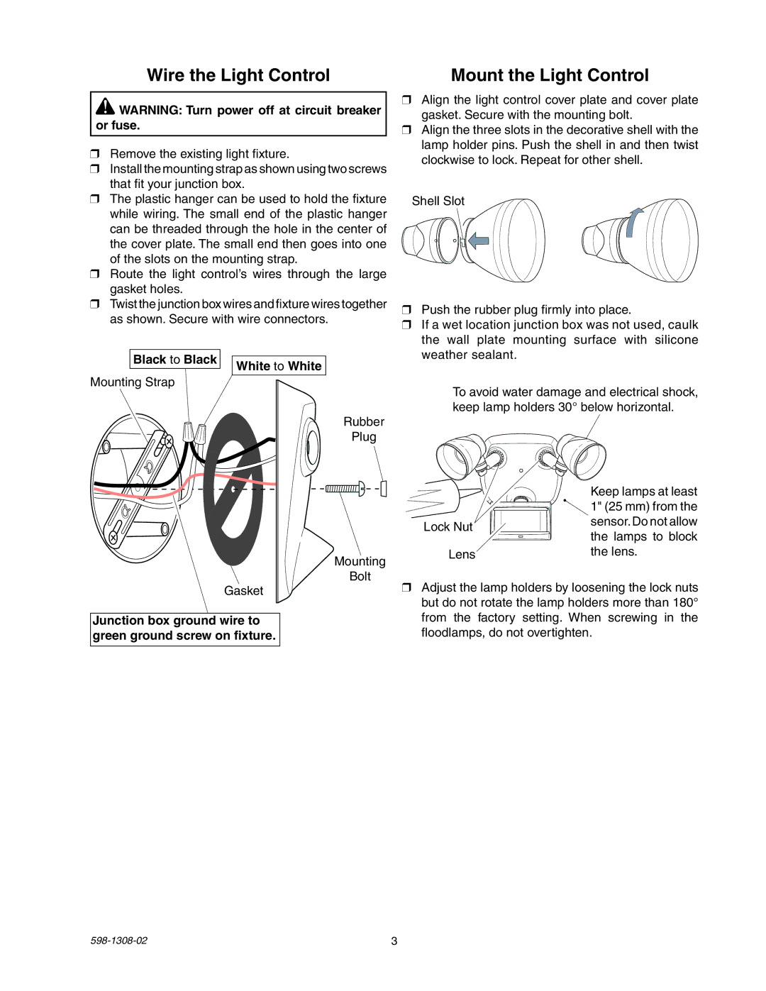 Heath Zenith 5718 manual Wire the Light Control, Mount the Light Control, Black to Black, White to White 