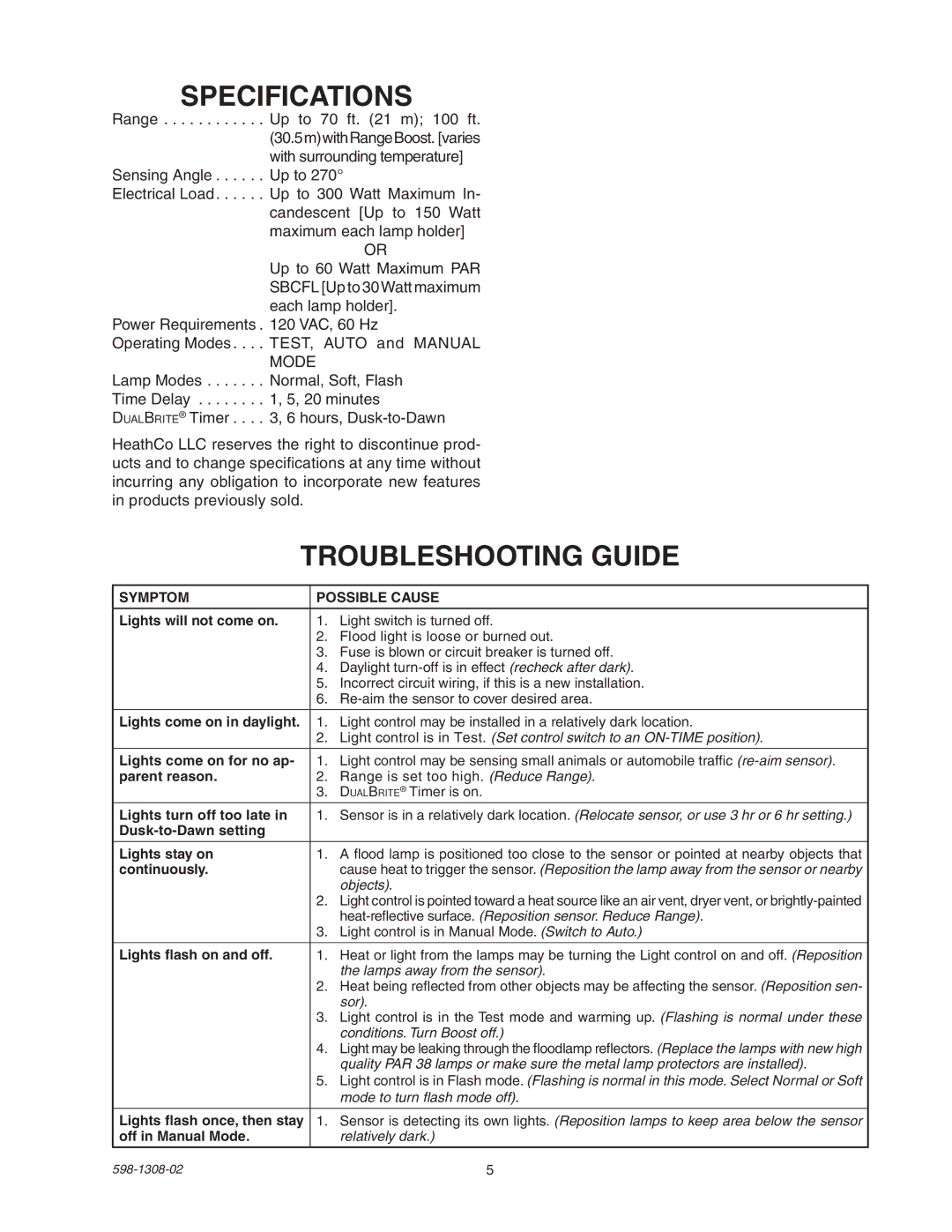 Heath Zenith 5718 manual Specifications, Troubleshooting Guide 