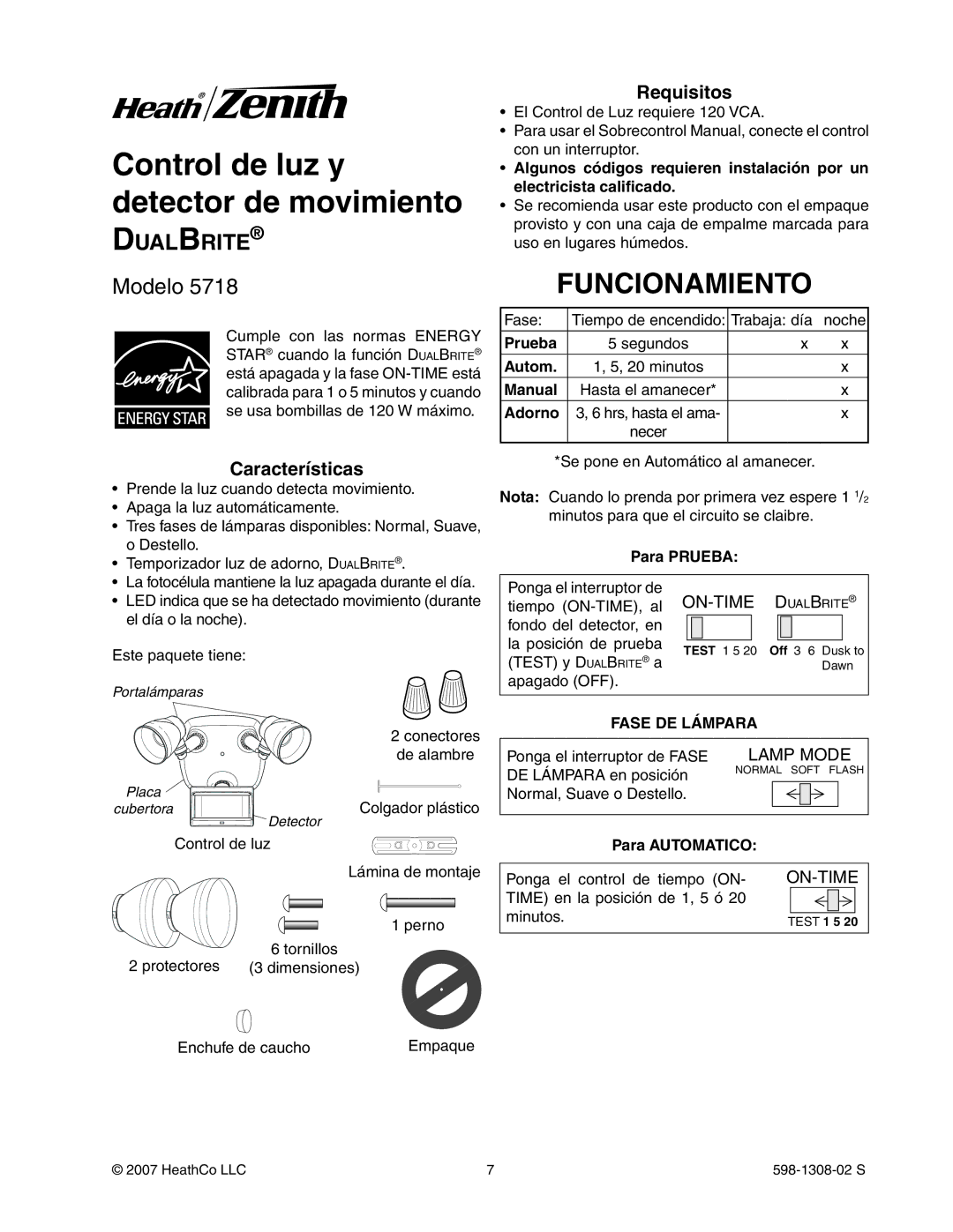 Heath Zenith 5718 manual Funcionamiento, DualBrite, Características, Requisitos 