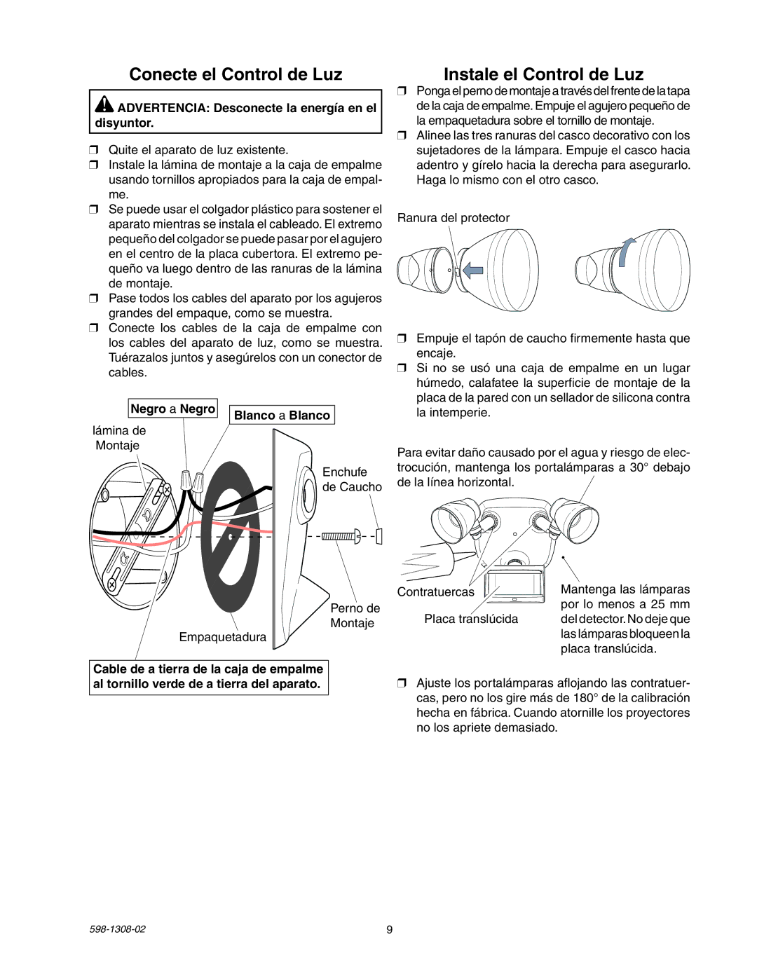 Heath Zenith 5718 Conecte el Control de Luz, Instale el Control de Luz, Advertencia Desconecte la energía en el disyuntor 