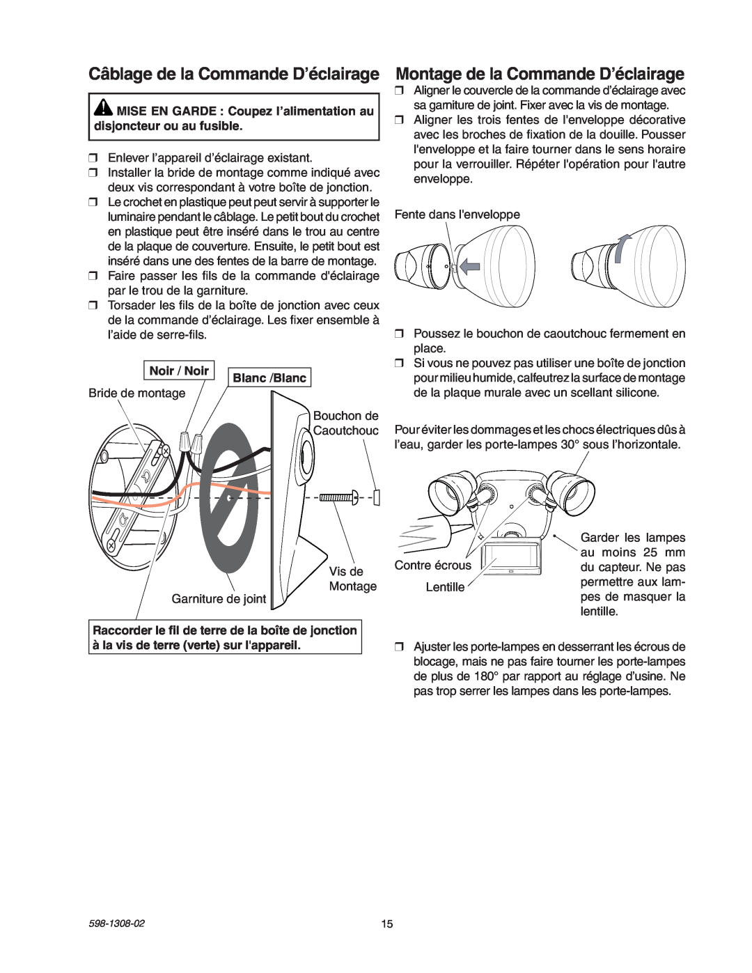 Heath Zenith 5718 manual Montage de la Commande D’éclairage, Câblage de la Commande D’éclairage, Noir / Noir, Blanc /Blanc 