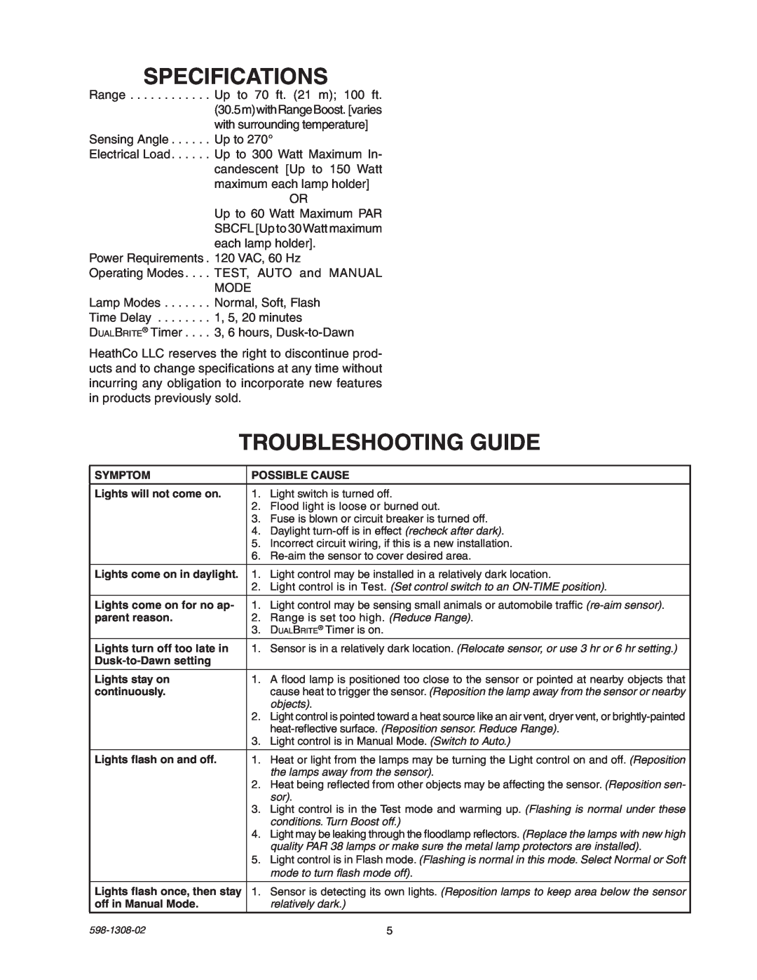 Heath Zenith 5718 manual Specifications, Troubleshooting Guide 