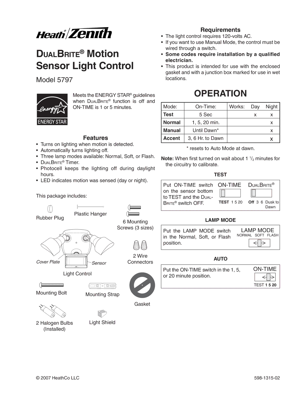 Heath Zenith 5797 manual Operation, Features, Requirements 