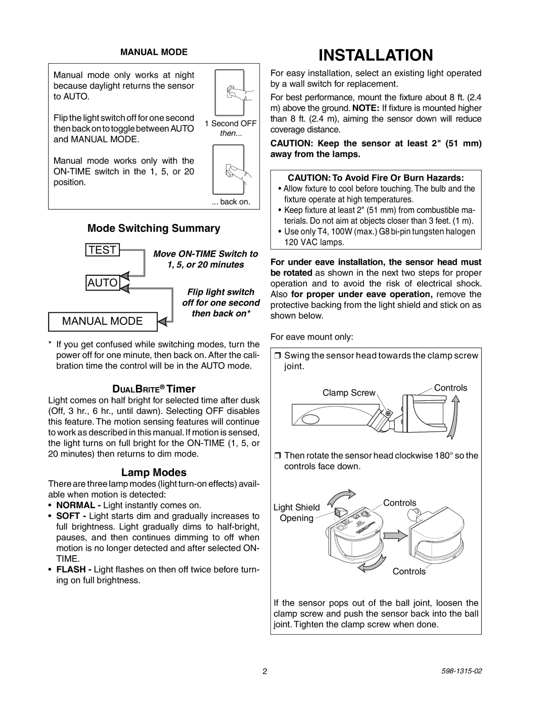 Heath Zenith 5797 Mode Switching Summary, DualBrite Timer, Lamp Modes, Fixture operate at high temperatures, VAC lamps 