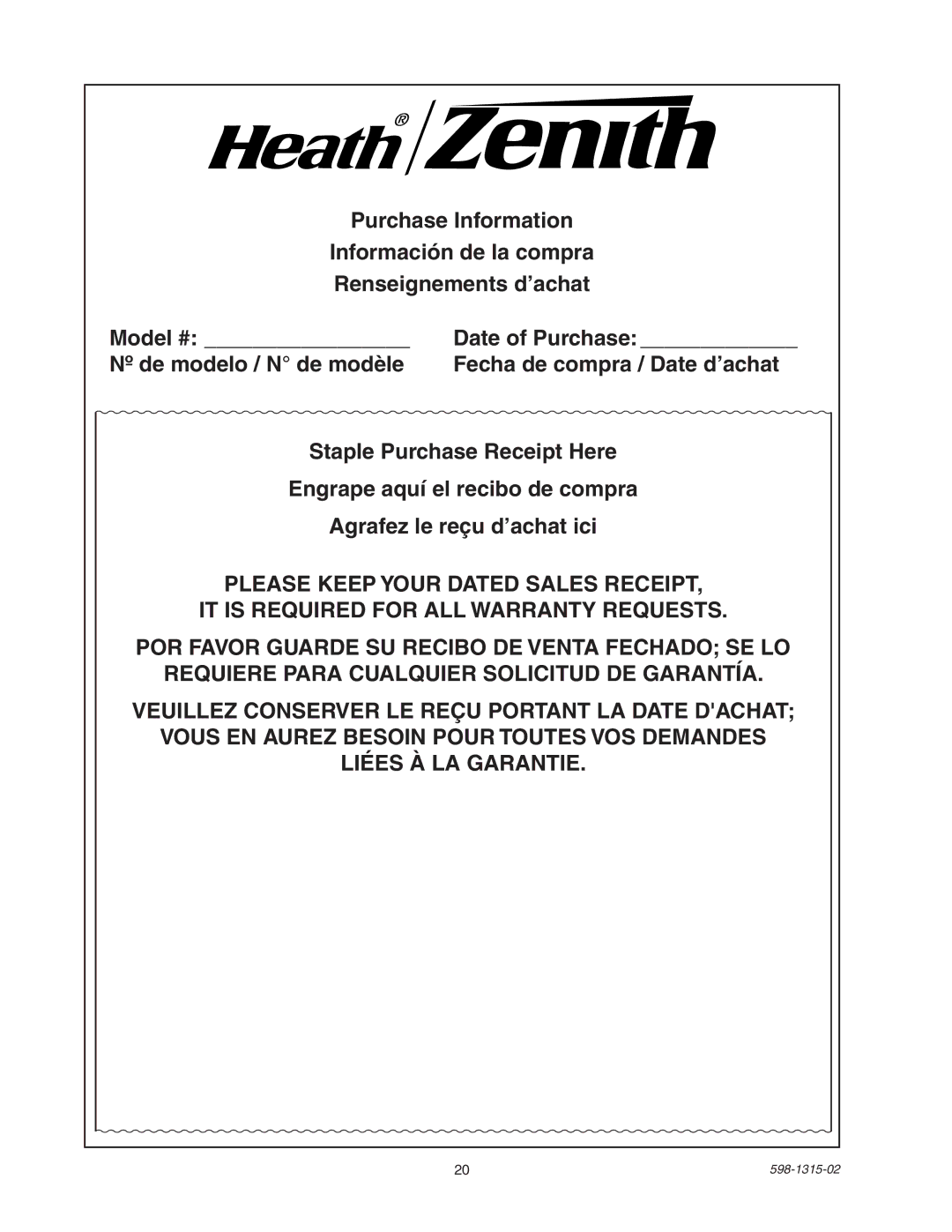 Heath Zenith 5797 manual Date of Purchase 