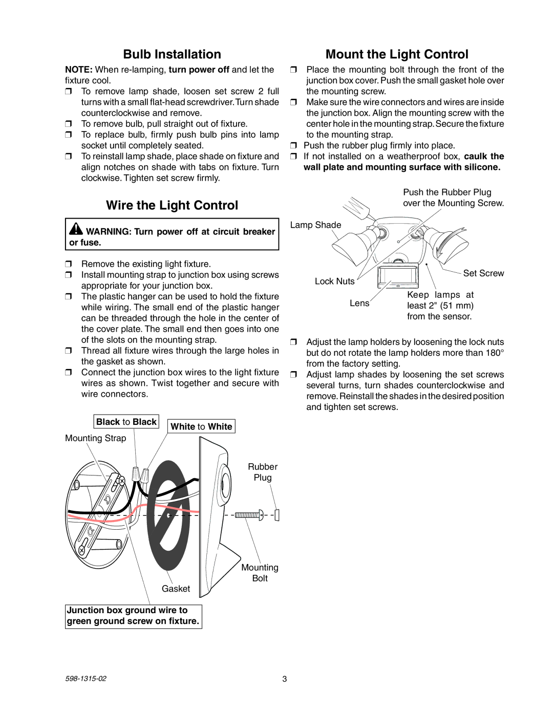 Heath Zenith 5797 manual Bulb Installation, Mount the Light Control, Wire the Light Control 