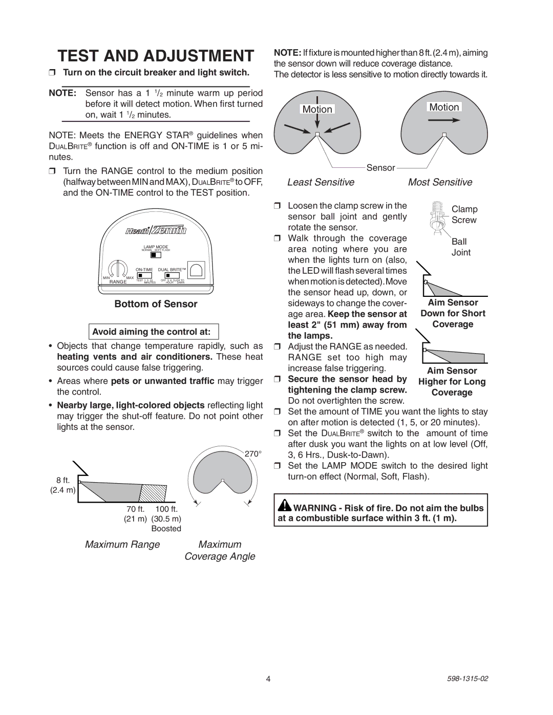 Heath Zenith 5797 manual Test and Adjustment, Turn on the circuit breaker and light switch, Avoid aiming the control at 