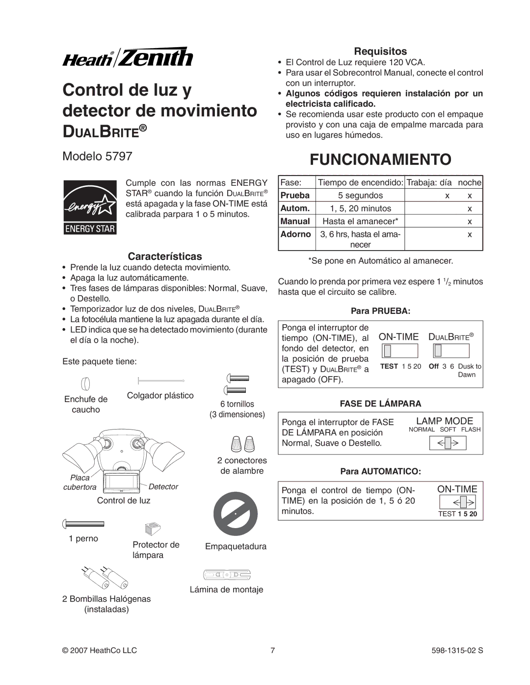 Heath Zenith 5797 manual Funcionamiento, DualBrite, Características, Requisitos 