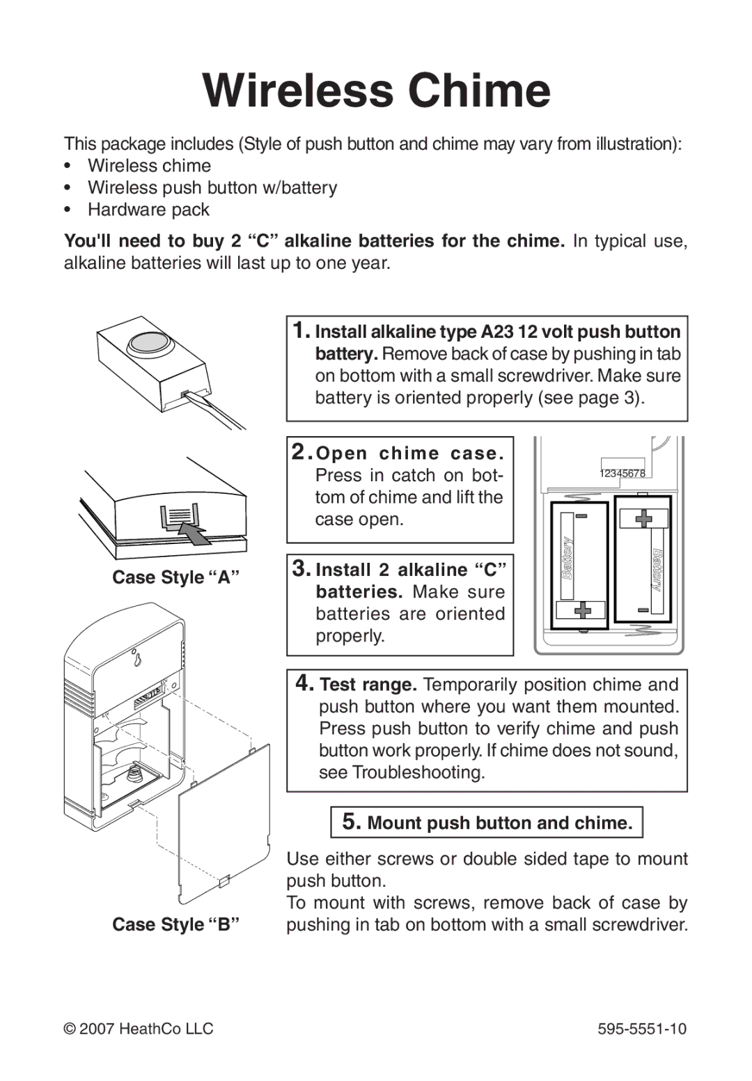 Heath Zenith 595-5551-10 manual Case Style B, Mount push button and chime 