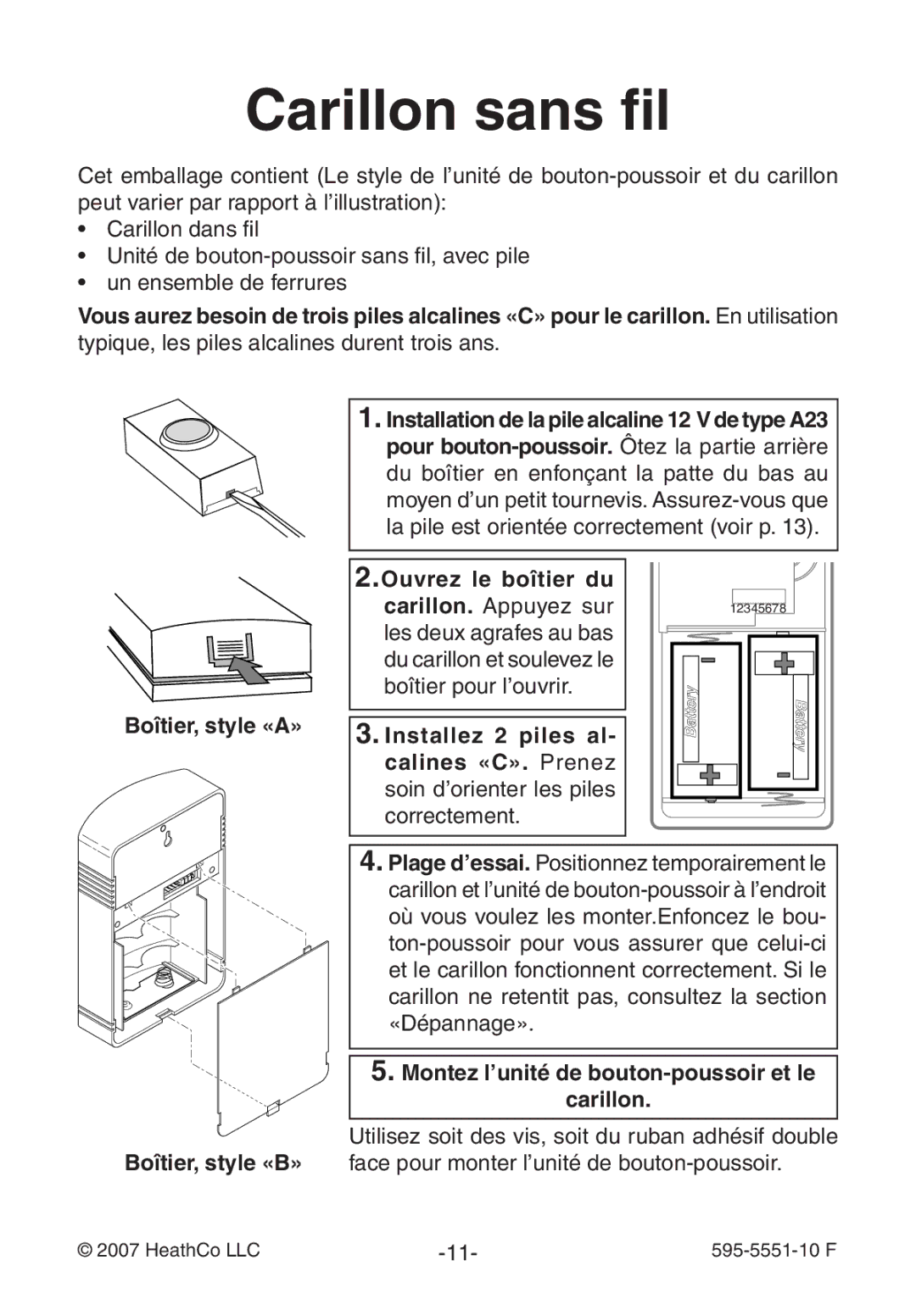 Heath Zenith 595-5551-10 manual Boîtier, style «A», Boîtier, style «B», Montez l’unité de bouton-poussoir et le Carillon 