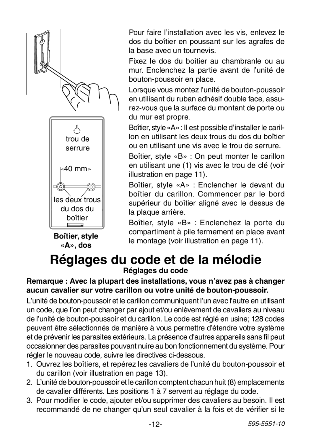 Heath Zenith 595-5551-10 manual Réglages du code et de la mélodie, Boîtier, style «A», dos 