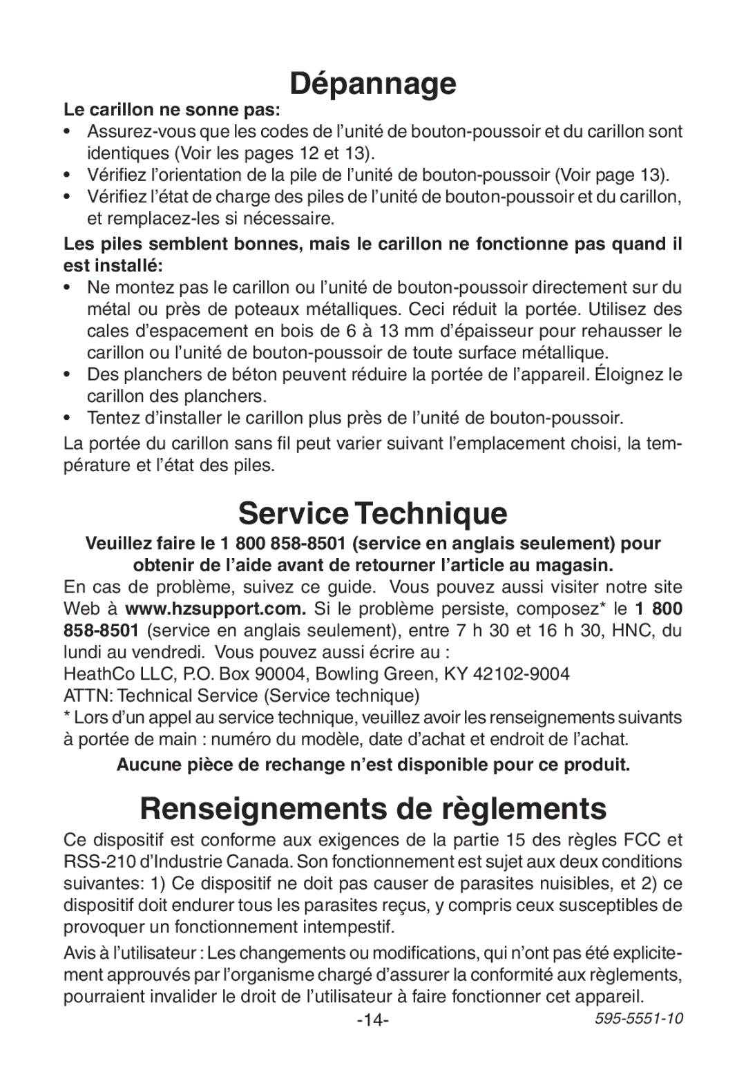 Heath Zenith 595-5551-10 manual Dépannage, Service Technique, Renseignements de règlements, Le carillon ne sonne pas 