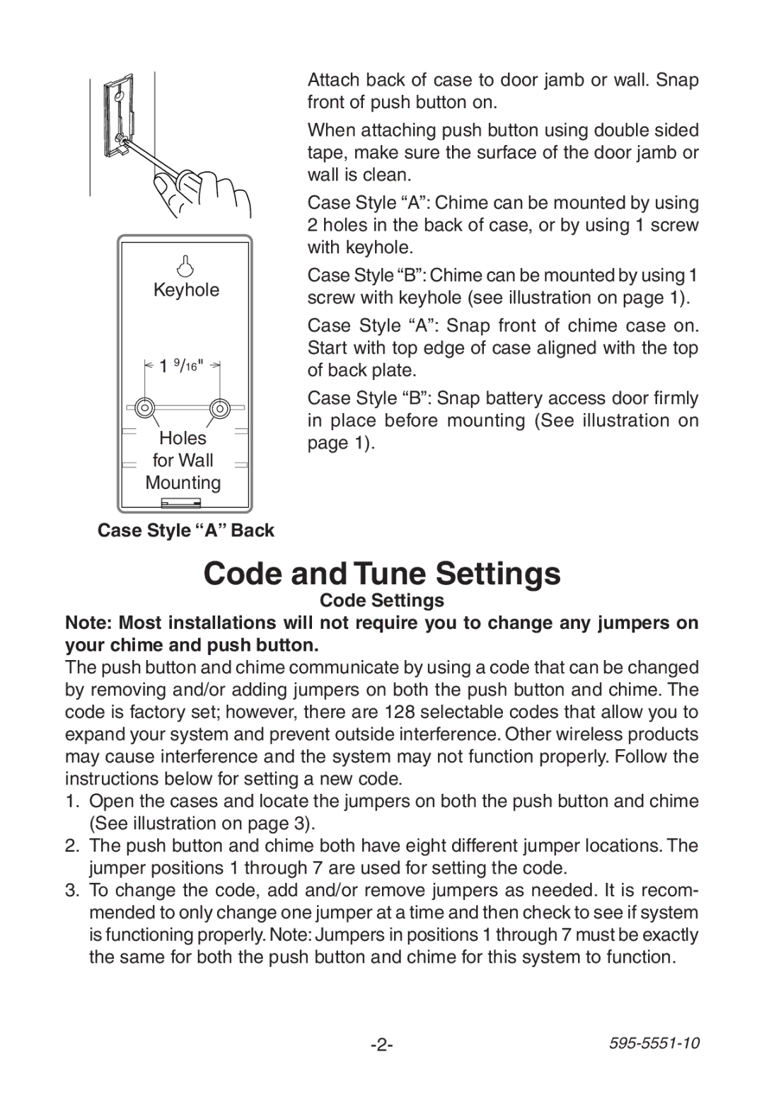 Heath Zenith 595-5551-10 manual Code and Tune Settings, Case Style a Back, Code Settings 