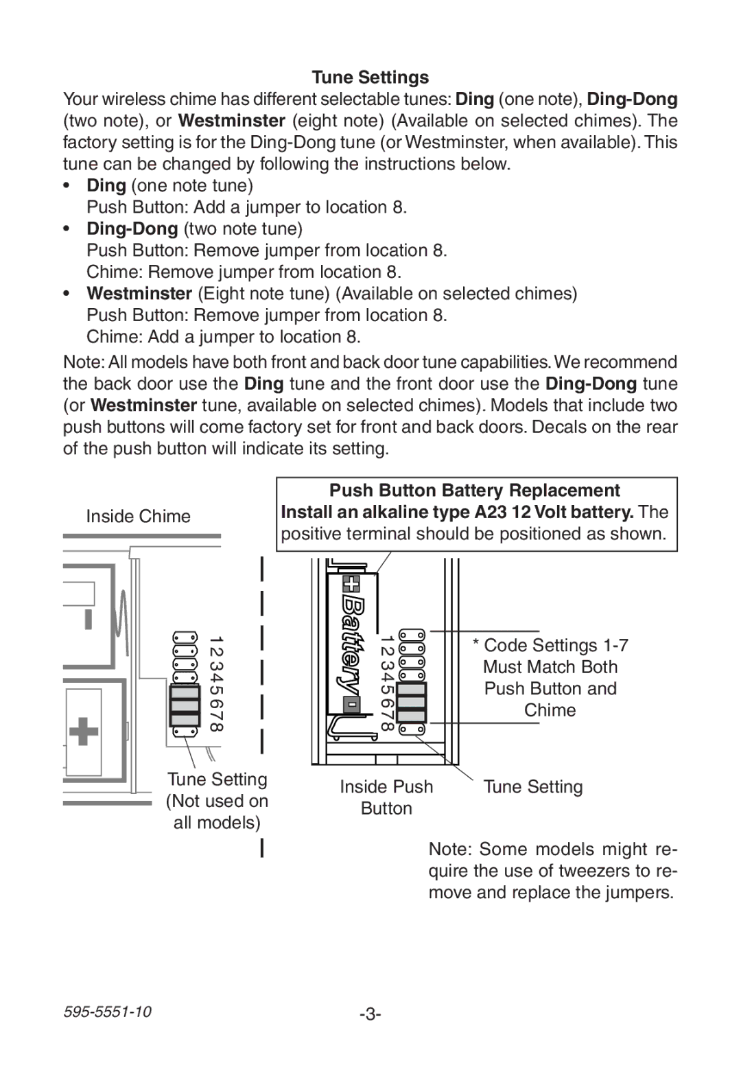 Heath Zenith 595-5551-10 manual Tune Settings, Push Button Battery Replacement 