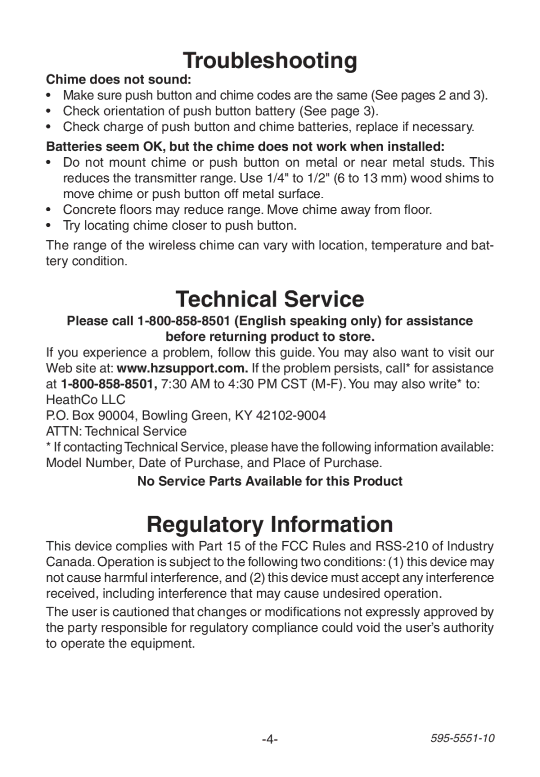 Heath Zenith 595-5551-10 manual Troubleshooting, Technical Service, Regulatory Information, Chime does not sound 