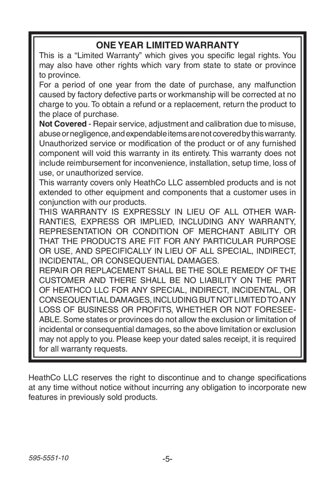 Heath Zenith 595-5551-10 manual ONE Year Limited Warranty 