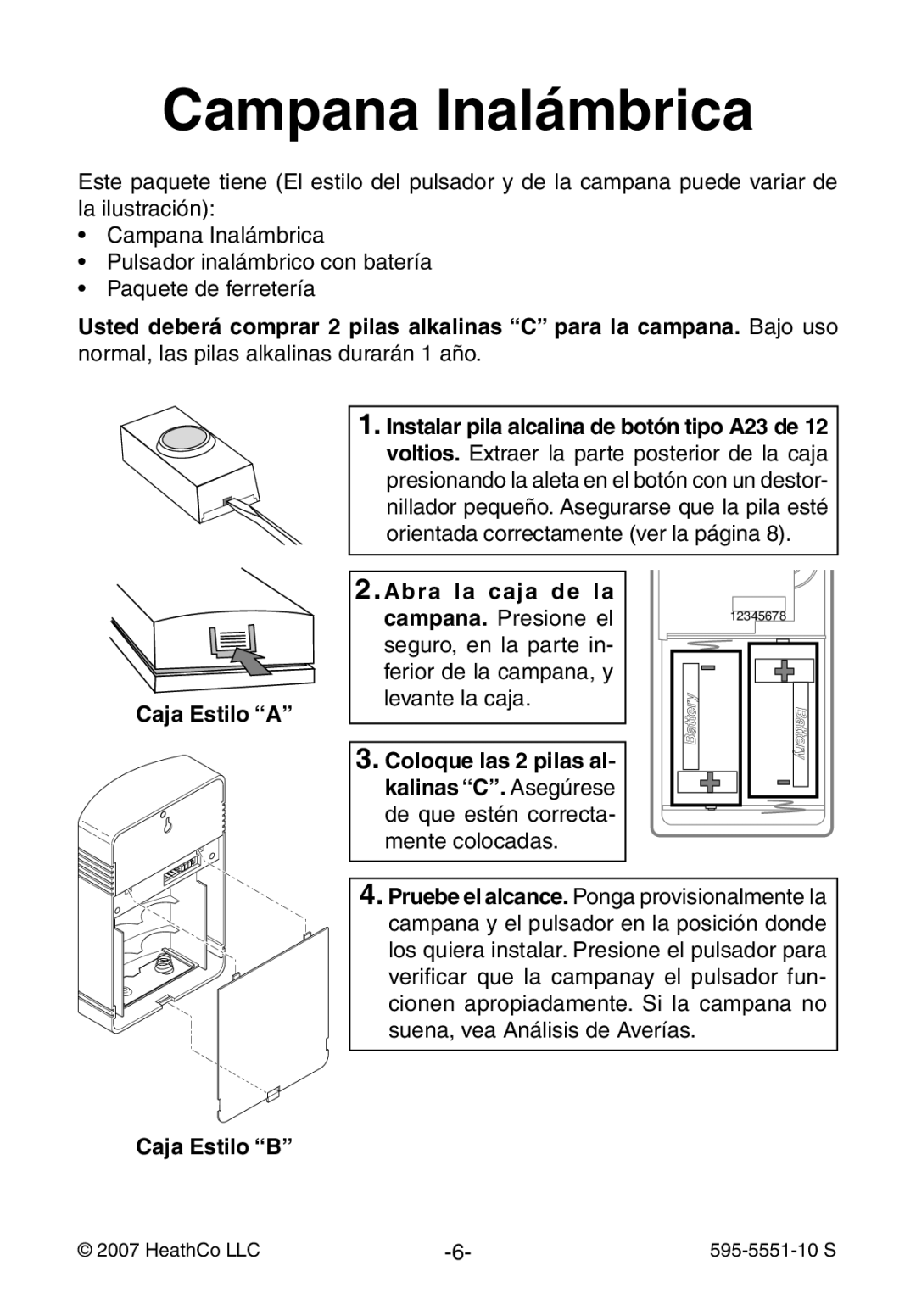 Heath Zenith 595-5551-10 manual Campana Inalámbrica, Caja Estilo B 