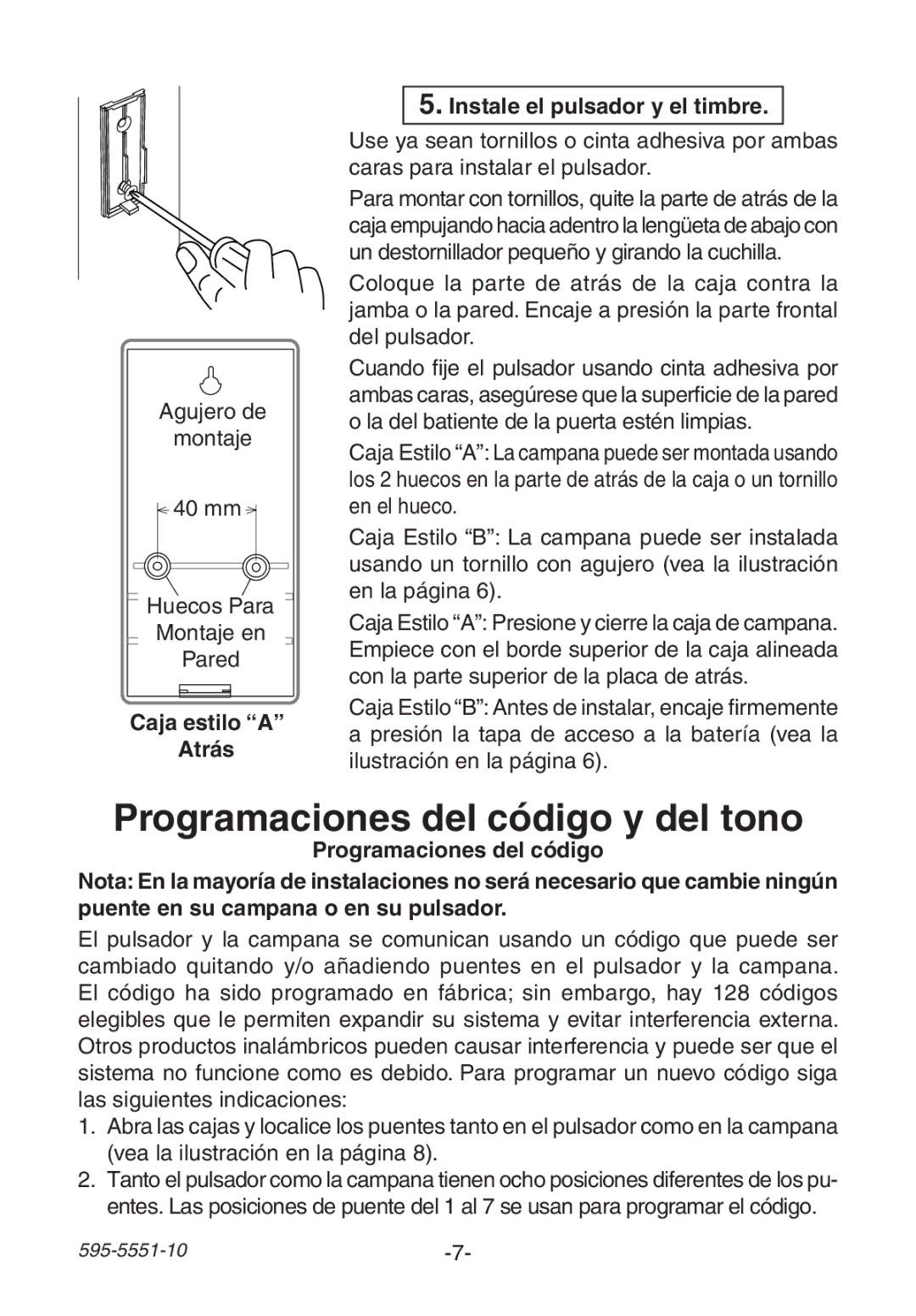 Heath Zenith 595-5551-10 manual Programaciones del código y del tono, Caja estilo a Atrás Instale el pulsador y el timbre 