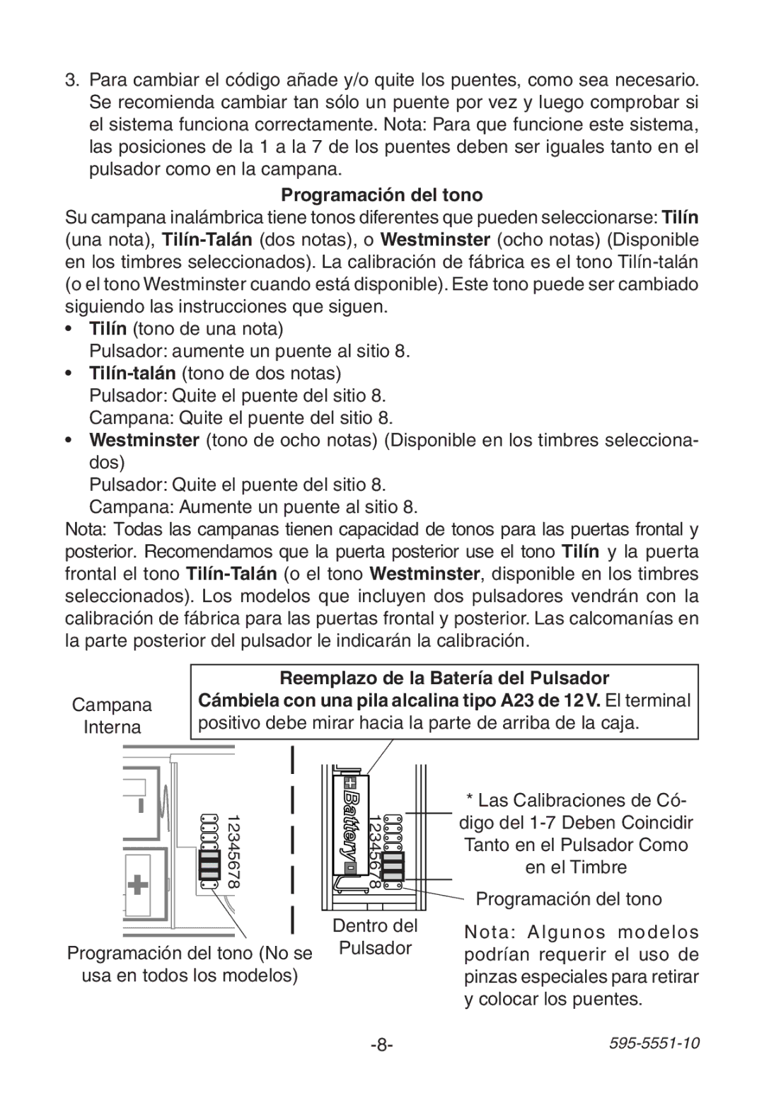 Heath Zenith 595-5551-10 manual Programación del tono, Reemplazo de la Batería del Pulsador 