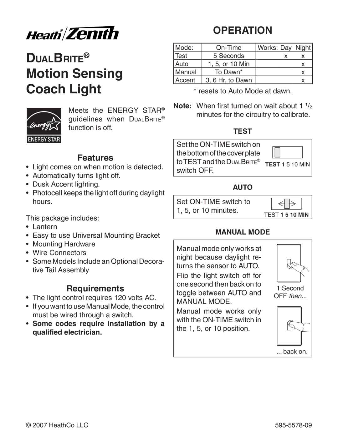 Heath Zenith 595-5578-09 manual Operation, Features, Requirements 