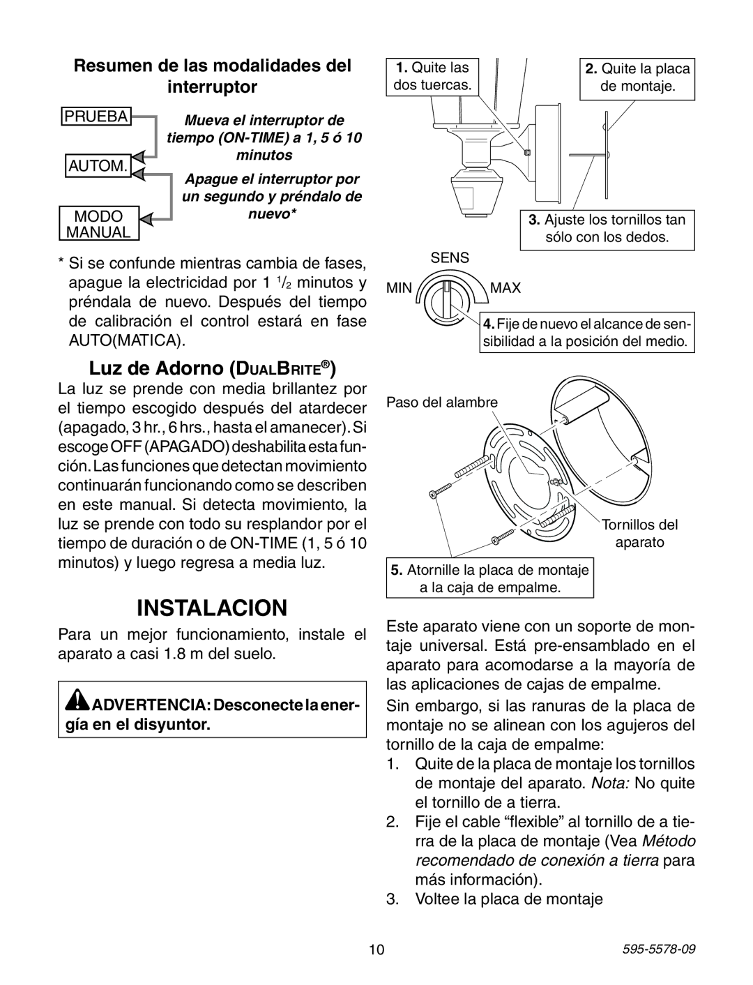 Heath Zenith 595-5578-09 manual Instalacion, Luz de Adorno DualBrite, ADVERTENCIADesconecte la ener- gía en el disyuntor 