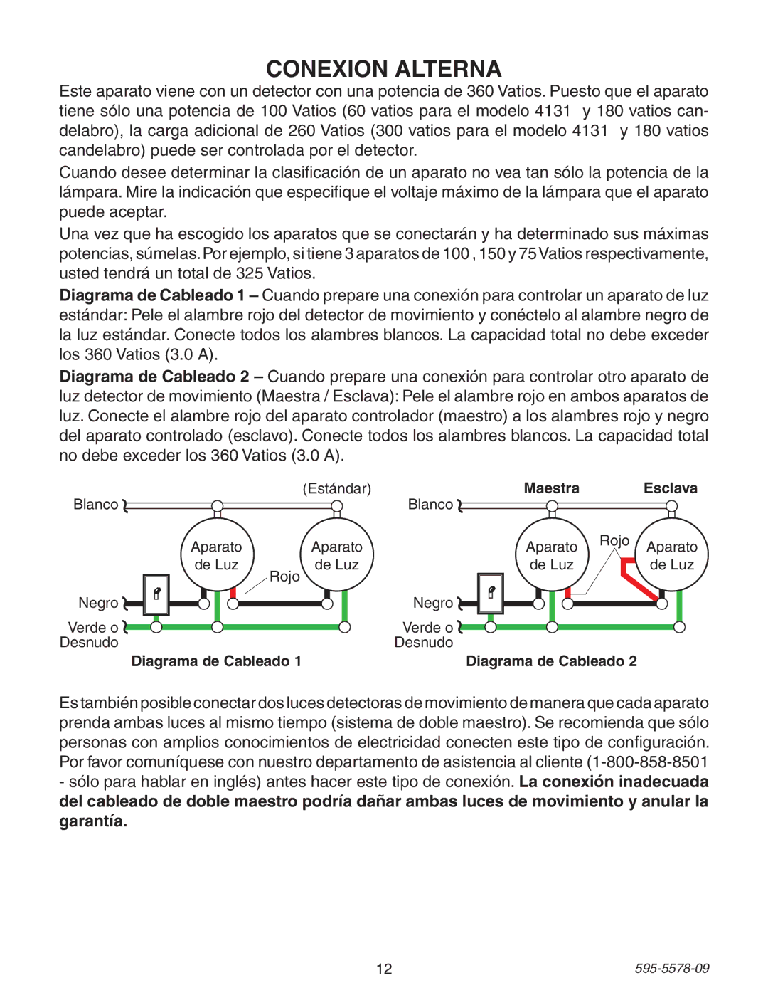 Heath Zenith 595-5578-09 manual Conexion Alterna, Maestra Esclava, Diagrama de Cableado 