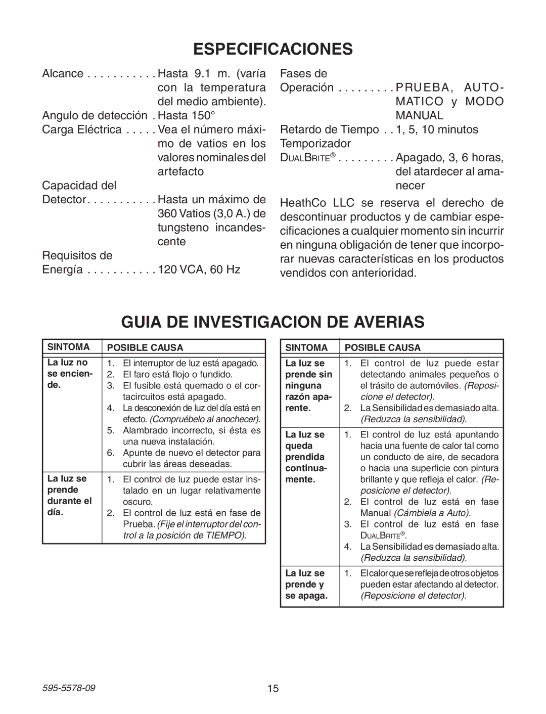 Heath Zenith 595-5578-09 manual Especificaciones, Guia DE Investigacion DE Averias 