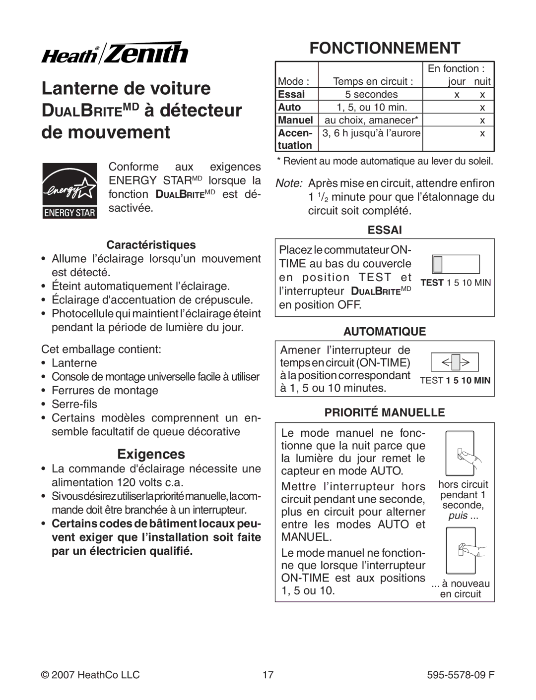 Heath Zenith 595-5578-09 manual Fonctionnement, Exigences, Caractéristiques 