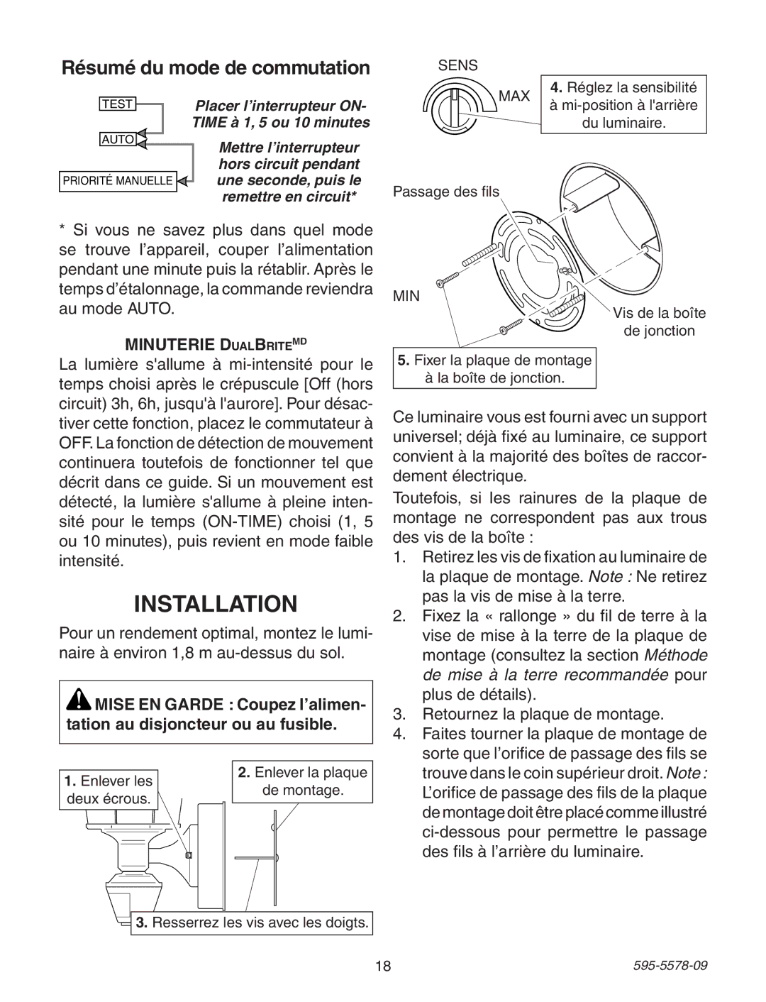 Heath Zenith 595-5578-09 manual Résumé du mode de commutation, Minuterie DualBriteMD 