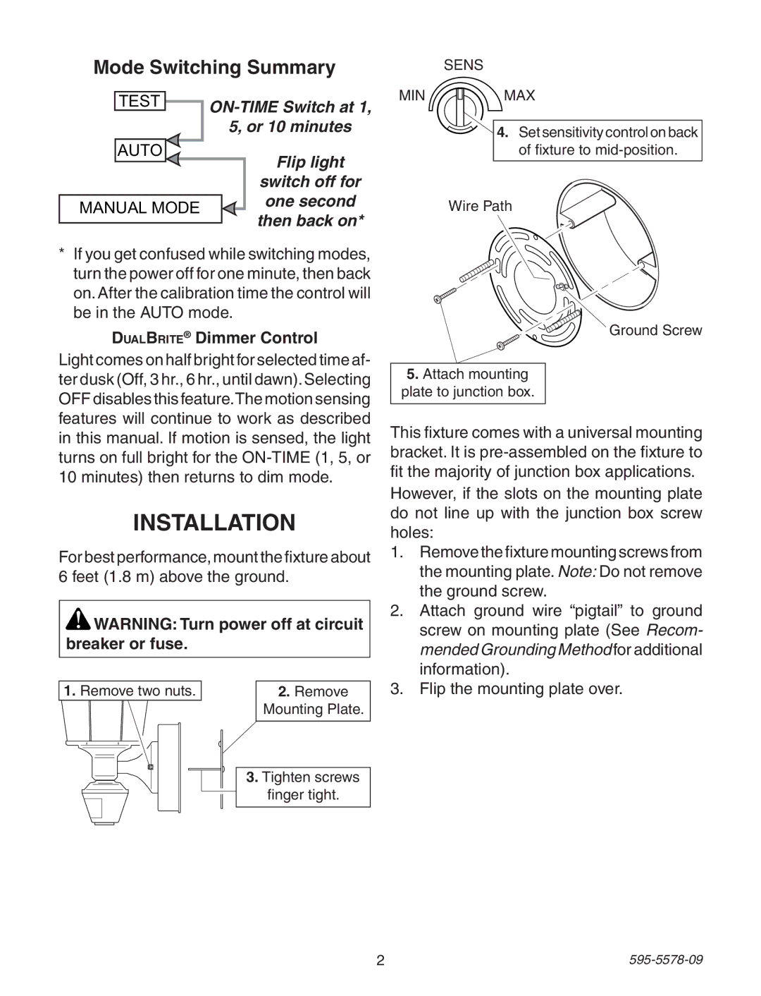 Heath Zenith 595-5578-09 manual Installation, Mode Switching Summary, DualBrite Dimmer Control 