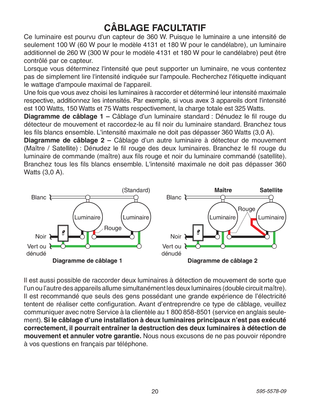 Heath Zenith 595-5578-09 manual Câblage Facultatif, StandardMaître Satellite, Diagramme de câblage 